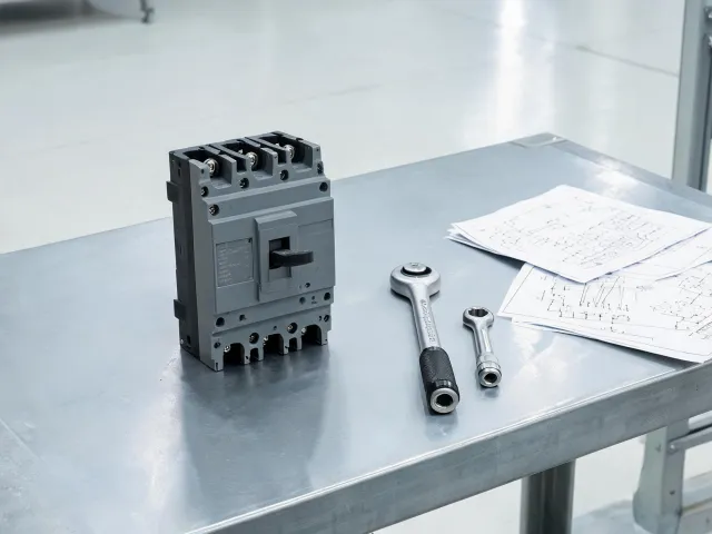 Molded case circuit breaker on engineering bench