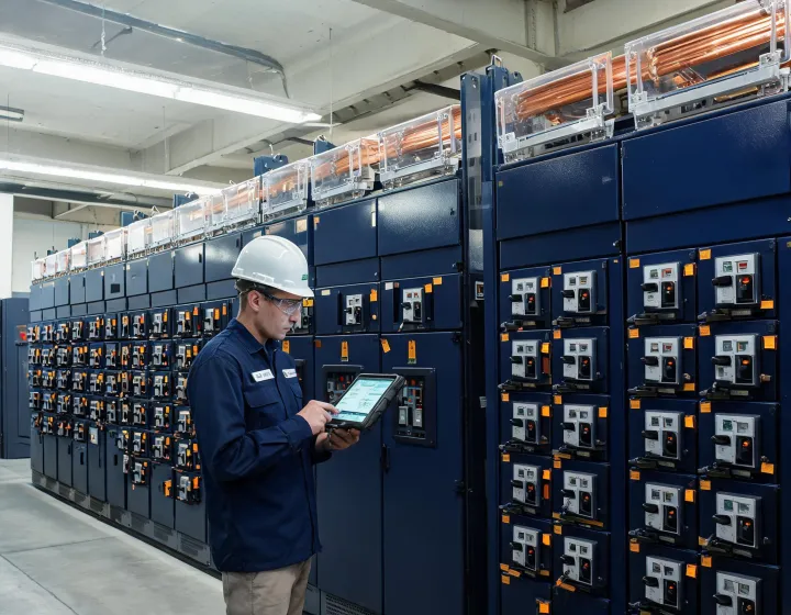 Connected circuit breaker lineup in a low-voltage switchgear room